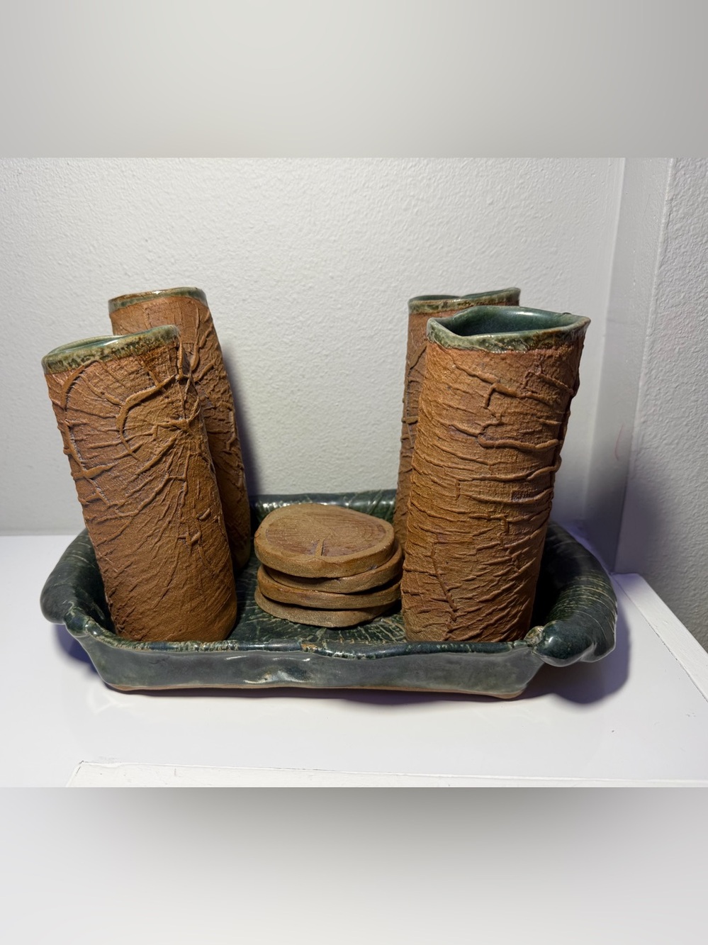 Handcrafted 9-Piece Green and Brown Ceramic Cup Set w 4 cups, 4 coasters & Tray